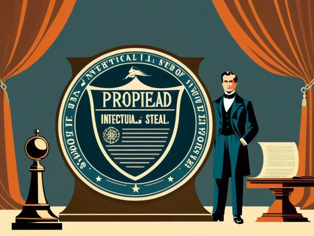 Un inventor astuto protege su invención con determinación, rodeado de documentos de patentes y papeleo legal