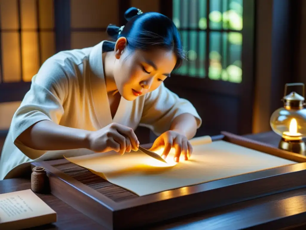 Un inventor chino crea papel de mulberry con destreza, iluminado por una lámpara de aceite