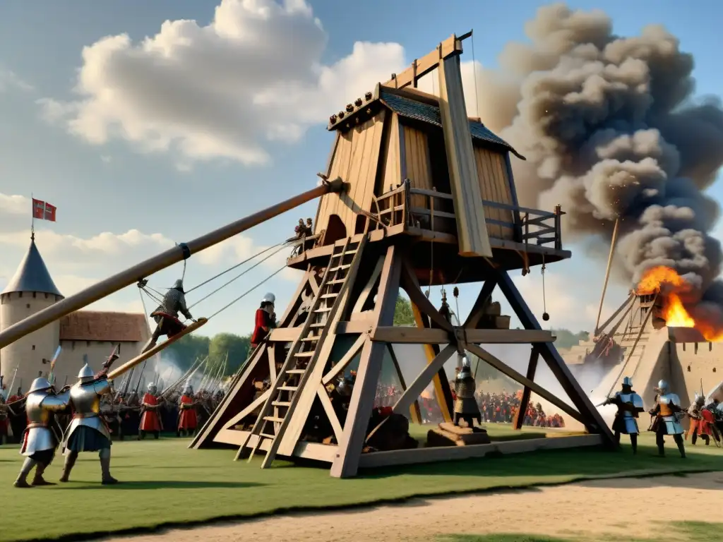 Inventos de asedio en la antigüedad: Un trebuchet medieval lanza un proyectil en medio del caos de la batalla