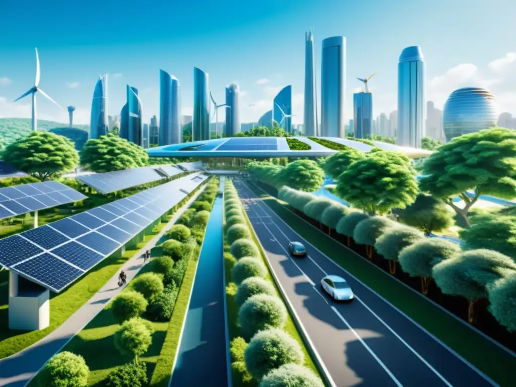 Inventos para un futuro sostenible: Una ciudad futurista y sostenible, llena de energía renovable, transporte eficiente y armonía con la naturaleza