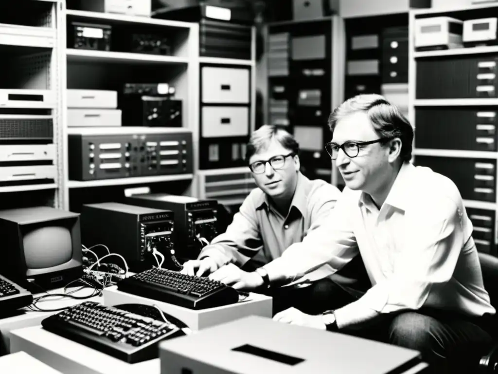 Inventos que cambiaron la industria tecnológica: Bill Gates y Paul Allen trabajando en un garaje, rodeados de computadoras en blanco y negro