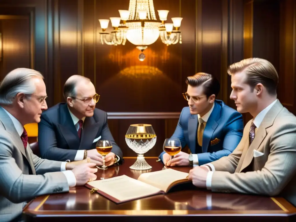 Inversores vintage debatiendo estrategias de inversión Inversores vintage discuten estrategias de capital riesgo en ambiente sofisticado y atemporal, rodeados de elementos clásicos