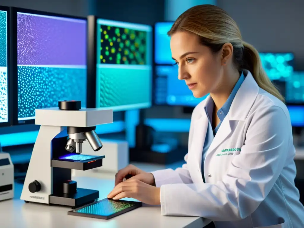 Innovación en Nanotecnología: Manipulando la Revolución Investigador en bata blanca manipulando dispositivo de nanotecnología bajo microscopio, con estructuras nanométricas en pantalla