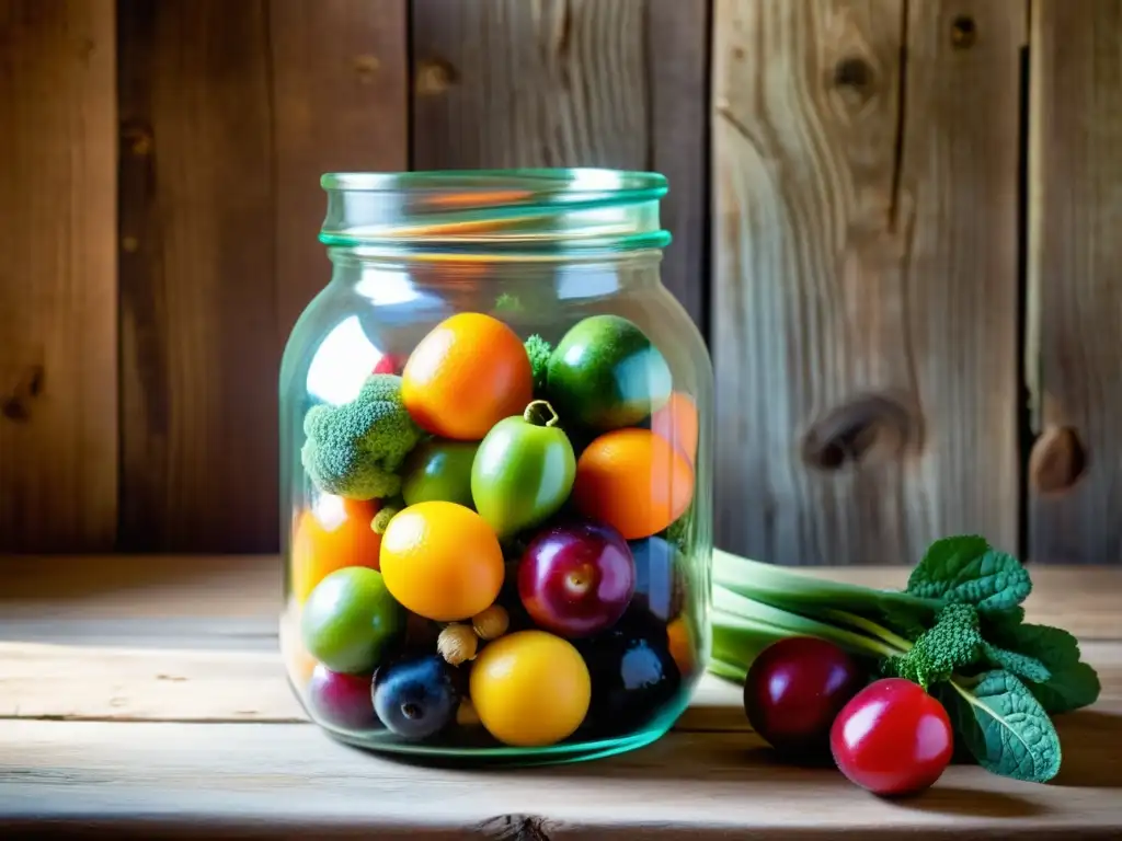 Una jarra vintage llena de frutas y verduras orgánicas coloridas, con impacto en la microbiota y la salud, sobre una superficie de madera rústica