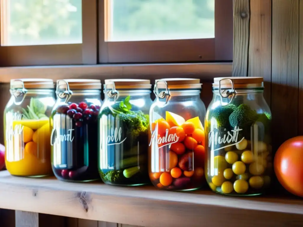 Jars de fermentación vintage con frutas y verduras coloridas, etiquetadas a mano, iluminadas por el sol