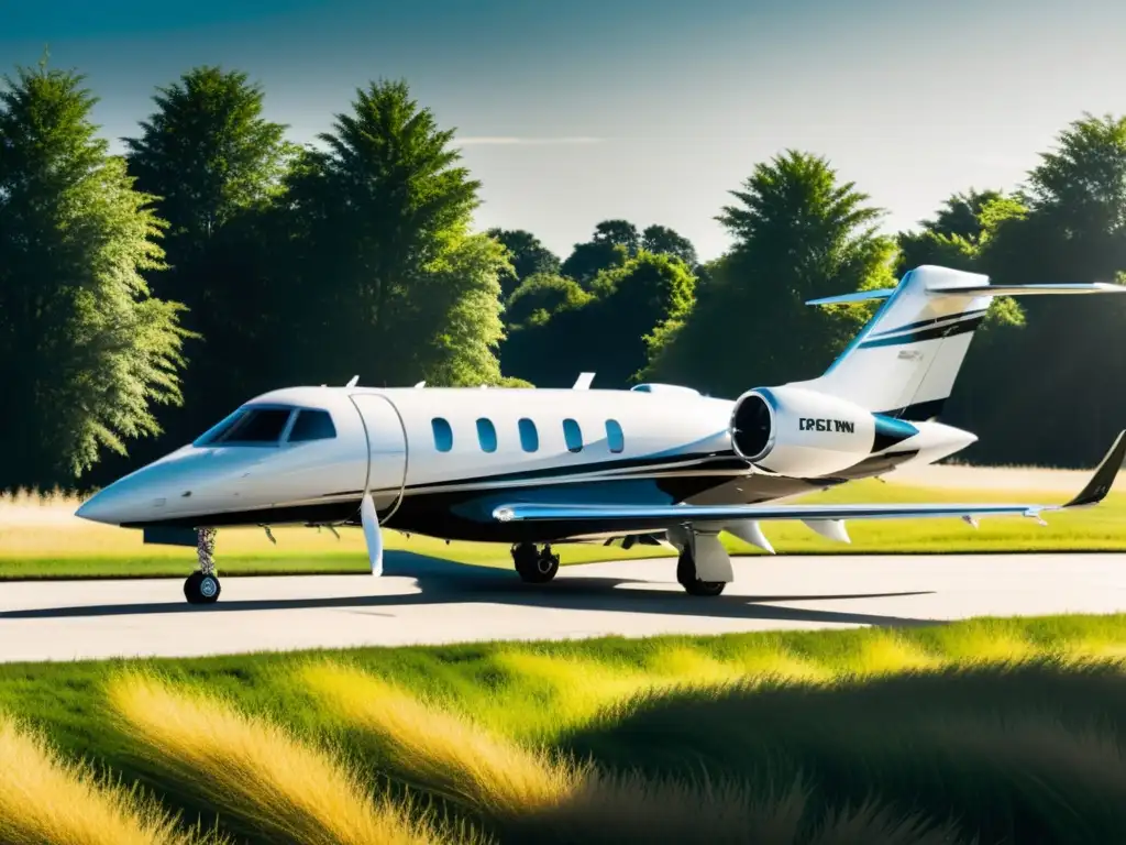 Jet privado de lujo en un campo exclusivo Un jet privado de lujo estacionado en un campo rodeado de naturaleza