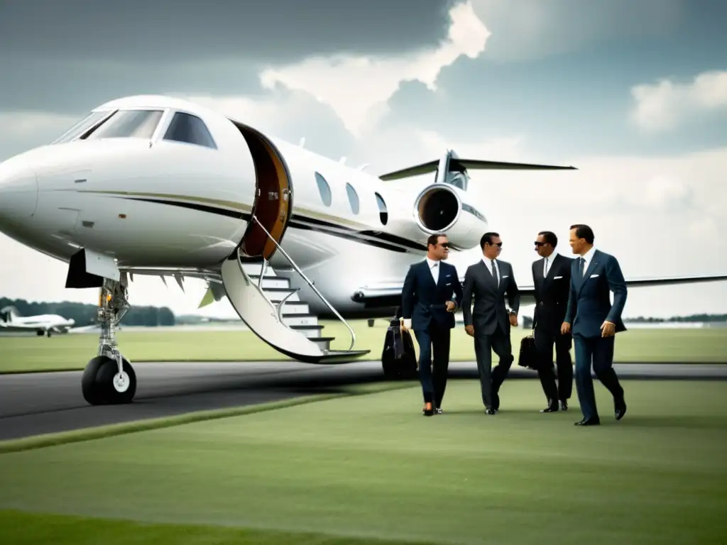 Embarque exclusivo en jet privado vintage Un jet privado vintage en una pista de césped, con pasajeros elegantes abordando