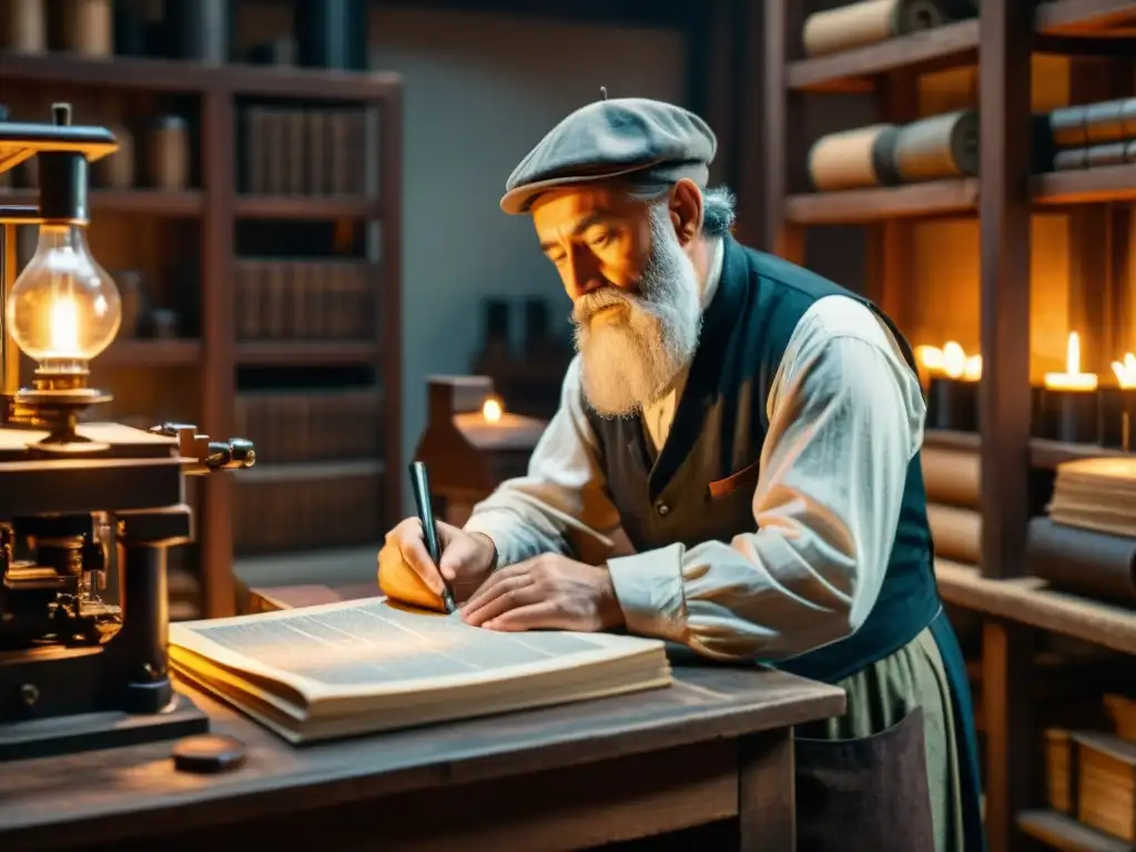 Johannes Gutenberg en su taller, inspeccionando una página impresa