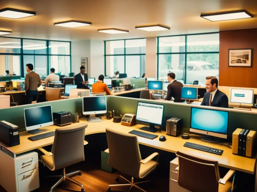 Oficina retro de startup tecnológica: energía y nostalgia Jóvenes emprendedores en una oficina vintage de startup tecnológica, rodeados de tecnología retro