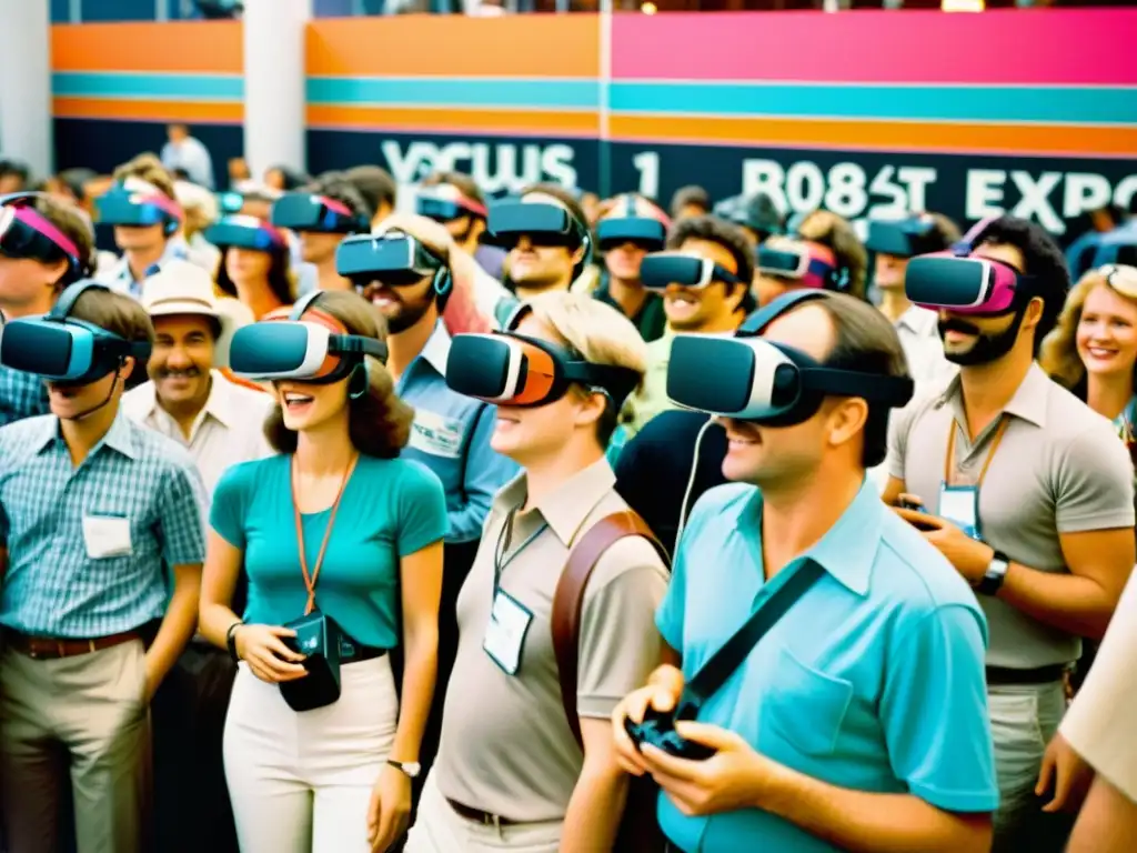 Jóvenes entusiastas prueban VR en la animada expo de computadoras de los 80, capturando el nacimiento de Oculus Rift Realidad Virtual