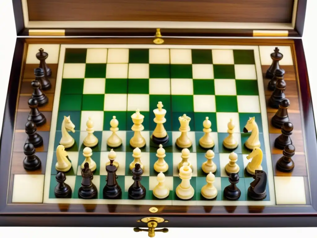 Un juego de ajedrez antiguo en marfil, con piezas detalladamente talladas sobre un tablero de madera