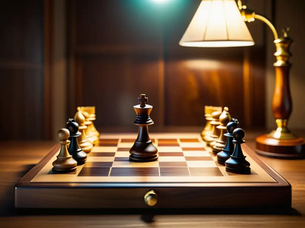 Un juego de ajedrez antiguo en un tablero de madera iluminado por una lámpara, evocando la relación entre ajedrez, computación e IA