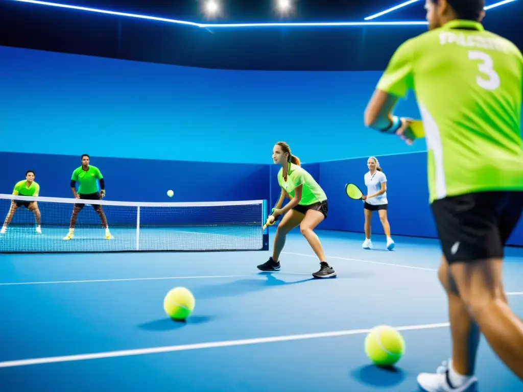 Jugadores de pádel en acción con palas innovadoras y bolas neón Jugadores de pádel en una cancha vibrante, con raquetas innovadoras y bolas neon, demostrando la innovación en raquetas de pádel