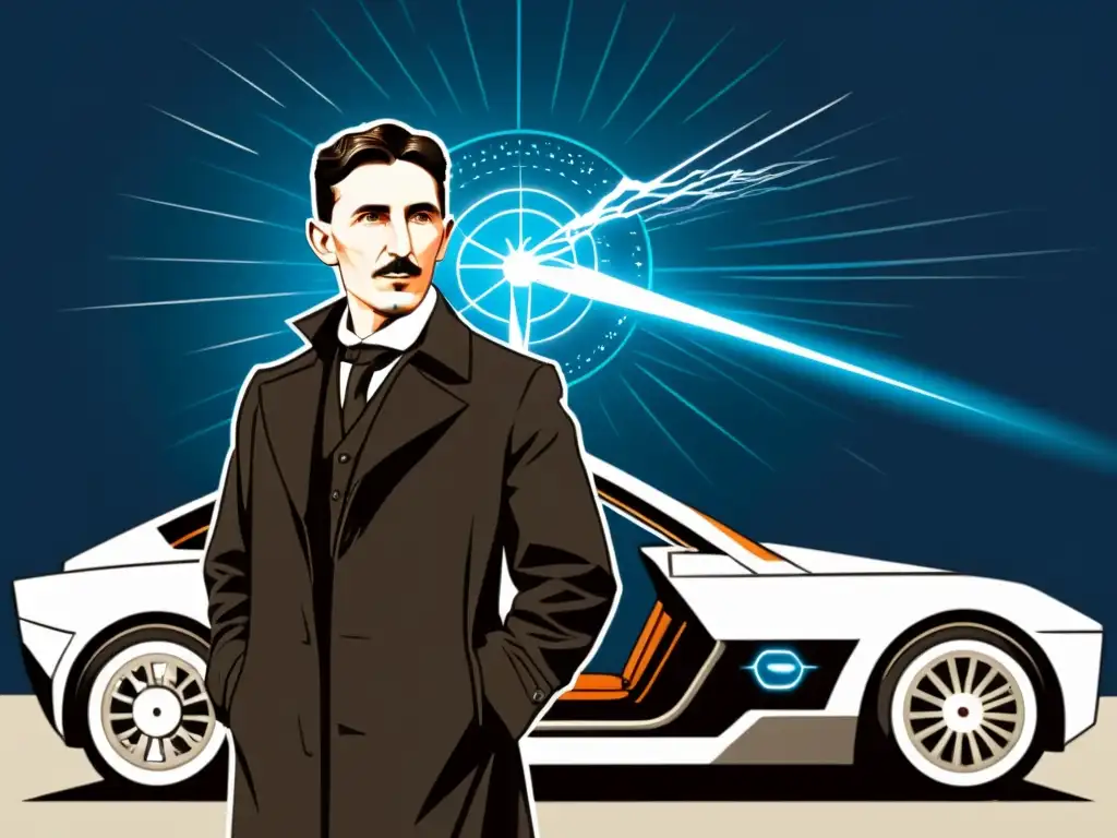 Una ilustración vintage de Nikola Tesla junto a un prototipo de coche eléctrico, rodeado de inventos eléctricos y diagramas