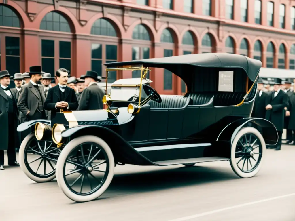 Nikola Tesla junto a un prototipo de vehículo eléctrico, en una ciudad del siglo 20