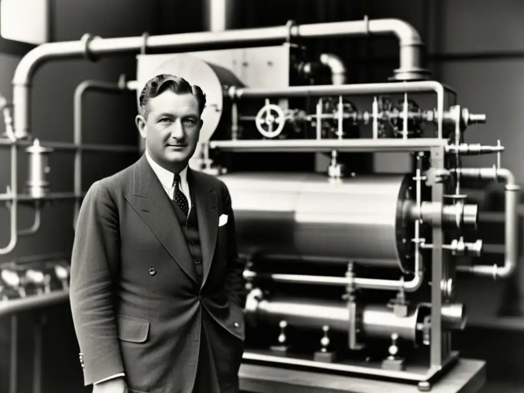 Willis Carrier junto a su unidad de aire acondicionado, destacando la evolución de la refrigeración moderna con detalles vintage y expresión determinada