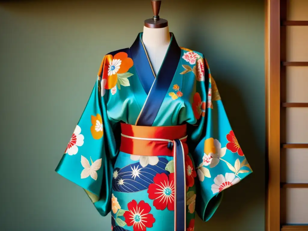 Un kimono japonés tradicional en un maniquí vintage, exhibiendo patrones e bordados intrincados en colores vibrantes