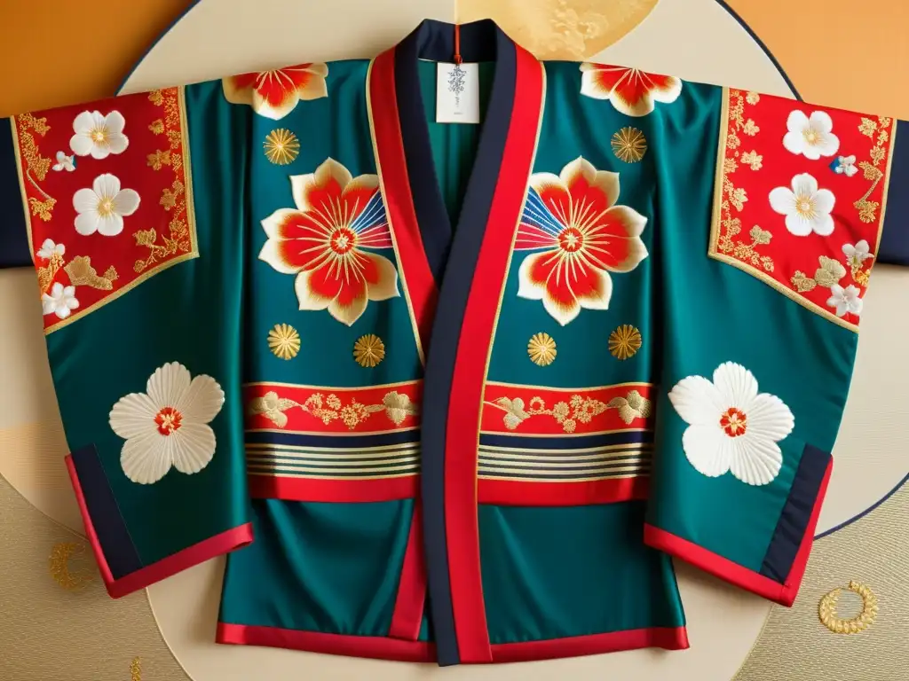 Un kimono vintage bellamente bordado destaca la evolución de kimonos y patrones, mostrando su artesanía y colores vibrantes