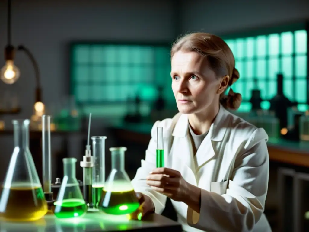 Marie Curie en su laboratorio, con bata blanca, sujetando un tubo de ensayo con sustancia brillante