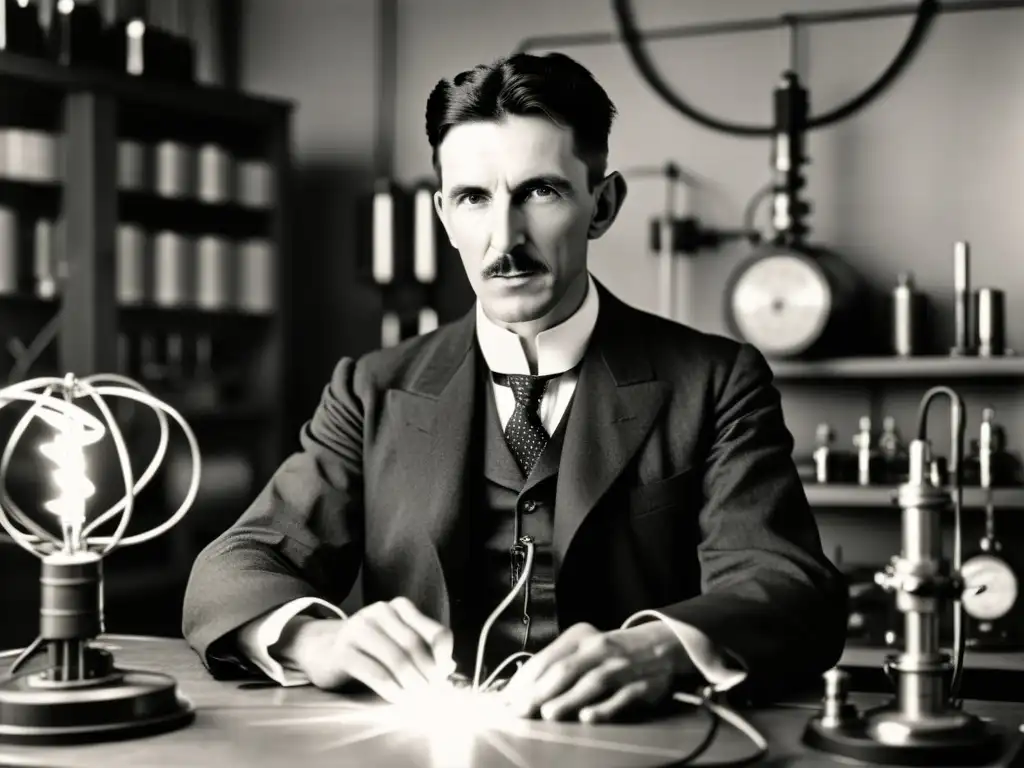 Nikola Tesla en su laboratorio, experimentando con equipos eléctricos