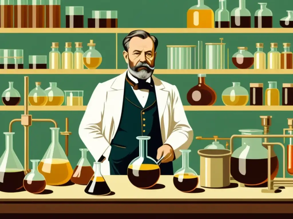 Louis Pasteur en su laboratorio, realizando experimentos de pasteurización