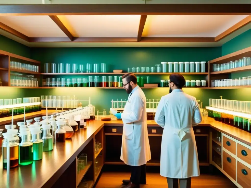 En un laboratorio farmacéutico vintage, científicos examinan cultivos bacterianos en matraces y placas de Petri