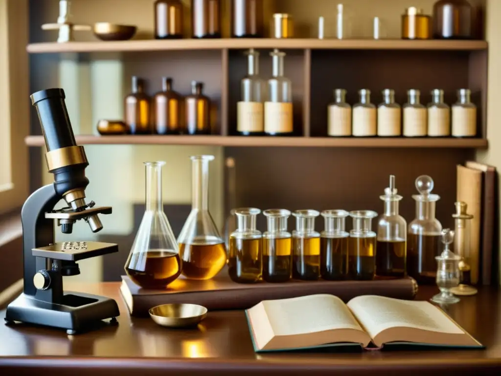 Un laboratorio farmacéutico vintage con cristalería antigua, libros y un microscopio