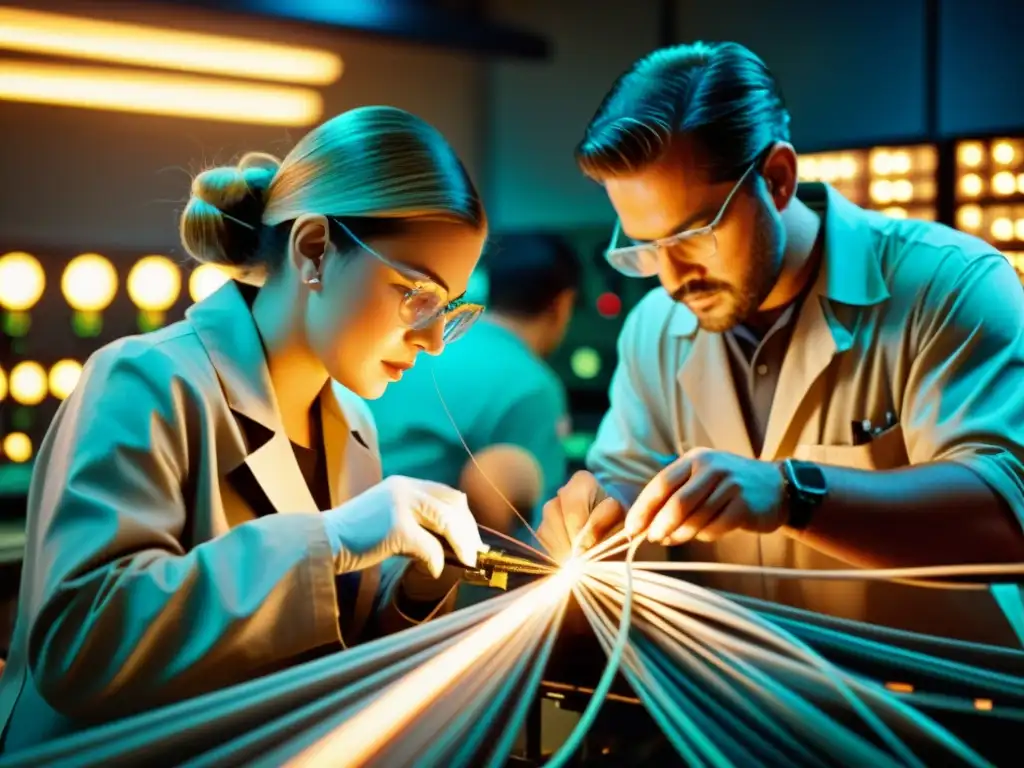 Un laboratorio hightech iluminado débilmente, técnicos conectando cables de fibra óptica