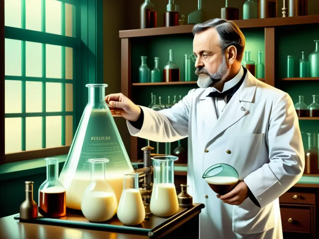 Louis Pasteur en su laboratorio, realizando la pasteurización de la leche