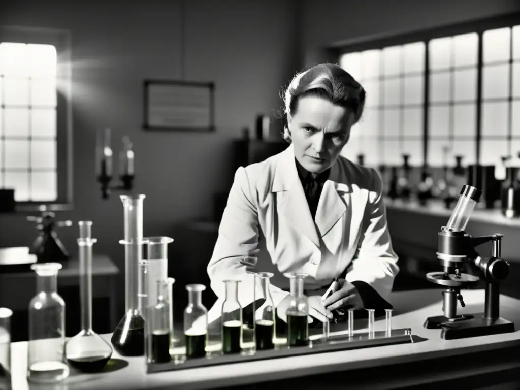 Marie Curie en su laboratorio, examinando material radioactivo bajo microscopio