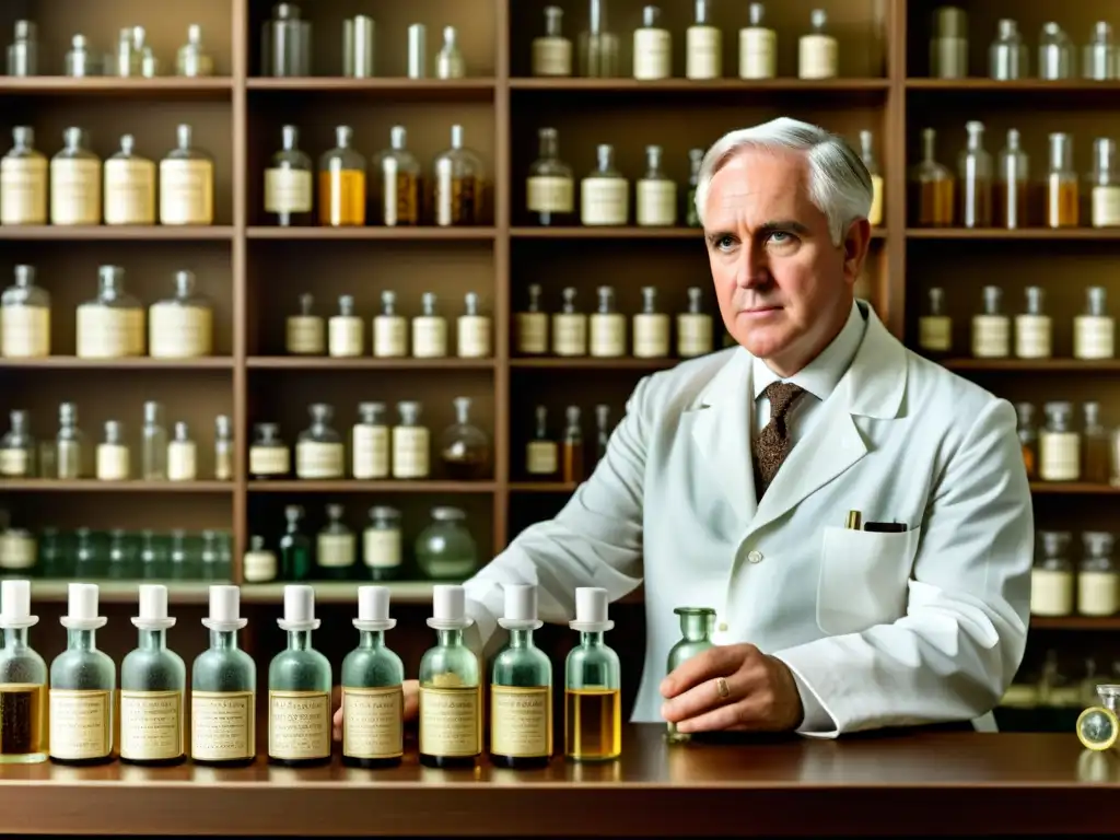 Alexander Fleming en su laboratorio, observando atentamente una placa de Petri con moho