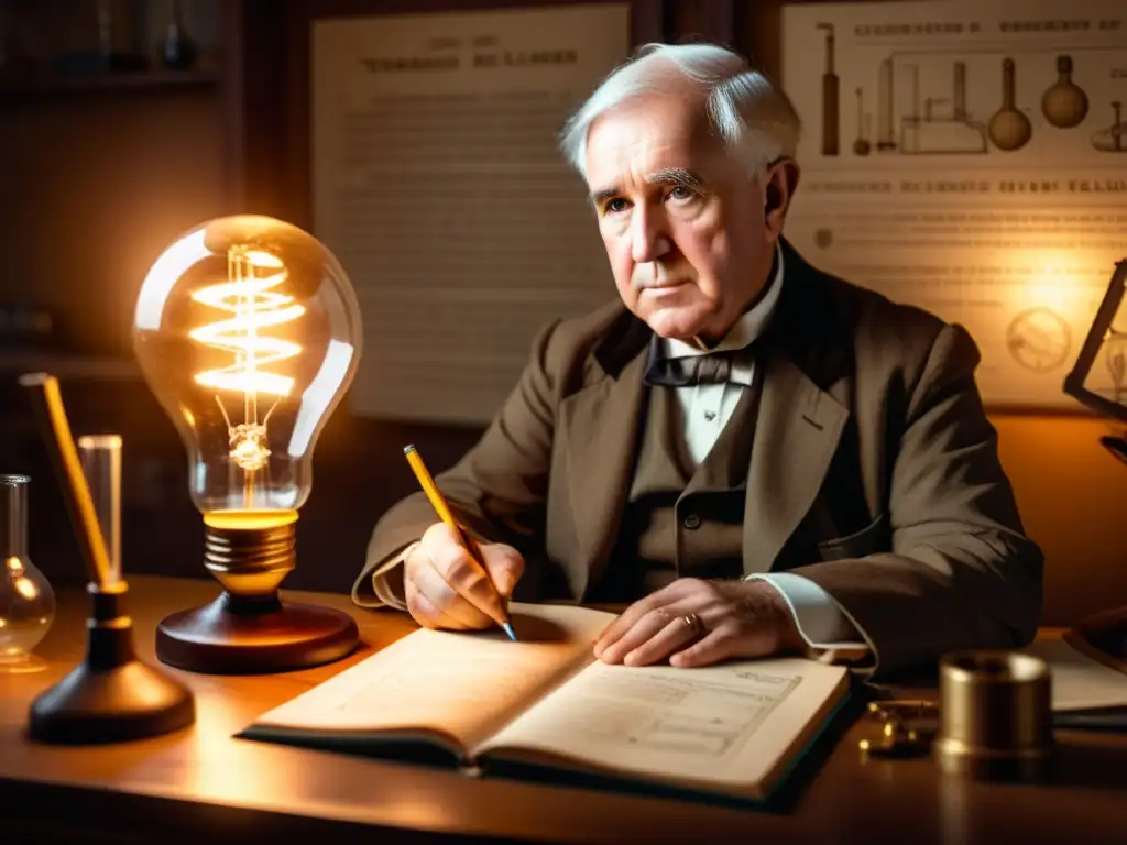 Thomas Edison en su laboratorio, examinando con determinación la primera bombilla incandescente