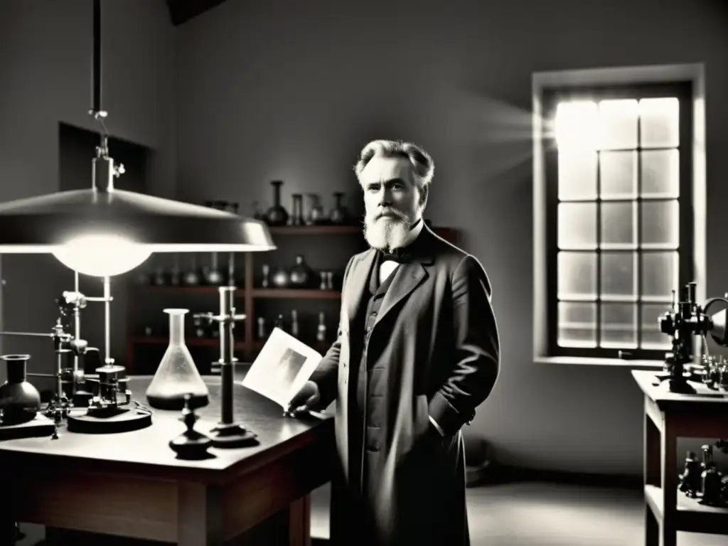 Wilhelm Röntgen en su laboratorio, sosteniendo la primera placa de rayos X