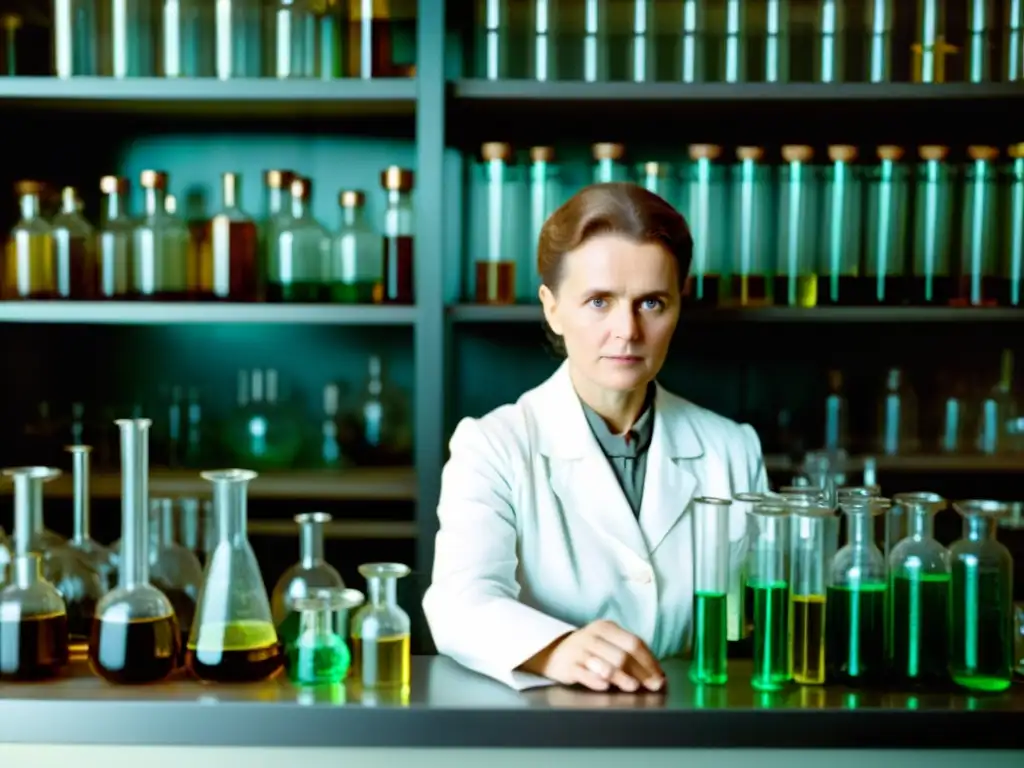 Marie Curie en su laboratorio, radiante con un brillo misterioso, rodeada de equipo científico