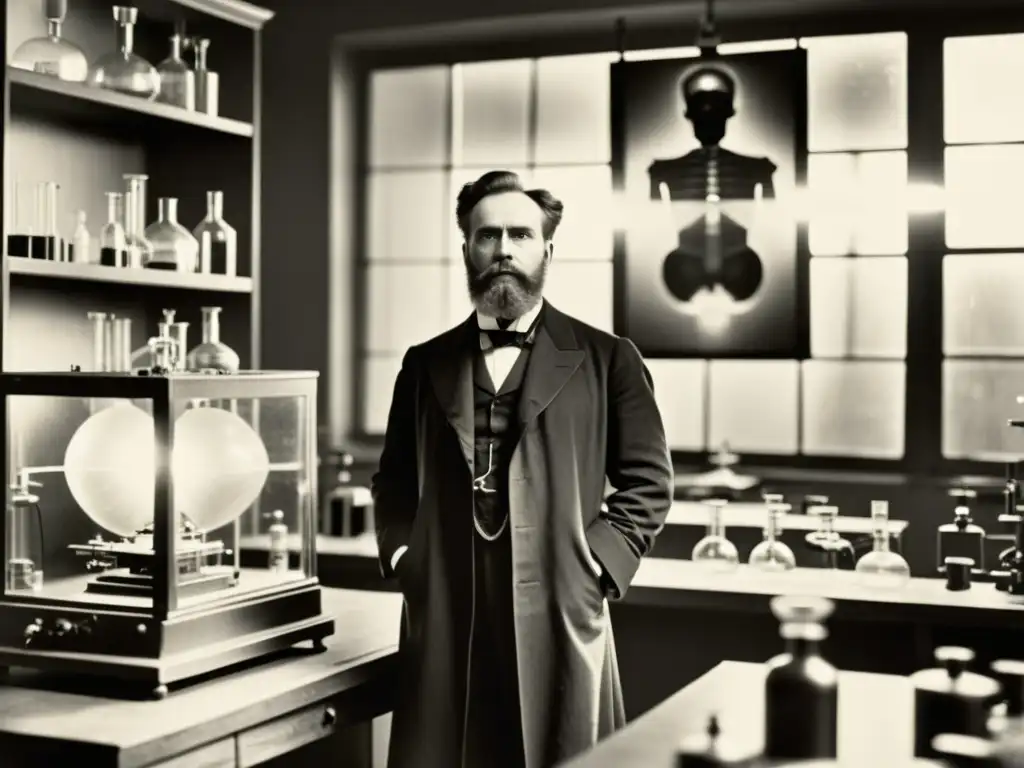 Wilhelm Röntgen en su laboratorio, descubriendo los rayos X en una atmósfera de misterio e historia de los rayos X