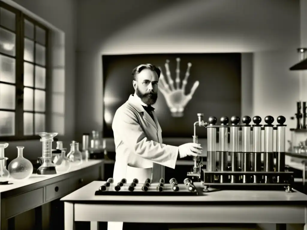 Wilhelm Röntgen en su laboratorio con su revolucionaria máquina de radiografía, iluminando la escena en blanco y negro con dramáticas sombras