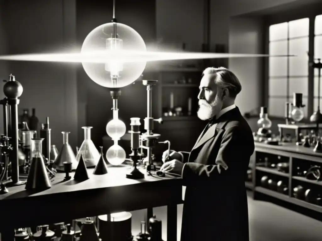 Wilhelm Röntgen en su laboratorio, observando el revolucionario descubrimiento de los rayos X en su tubo de rayos catódicos