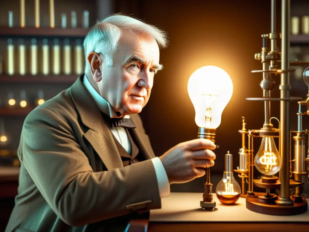 Thomas Edison en su laboratorio, rodeado de equipo científico, sostiene la primera bombilla patentada