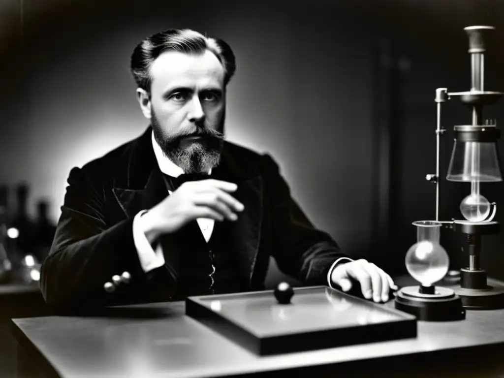 Wilhelm Röntgen en su laboratorio rodeado de equipo científico, sosteniendo una placa con la imagen de rayos X de la mano de su esposa