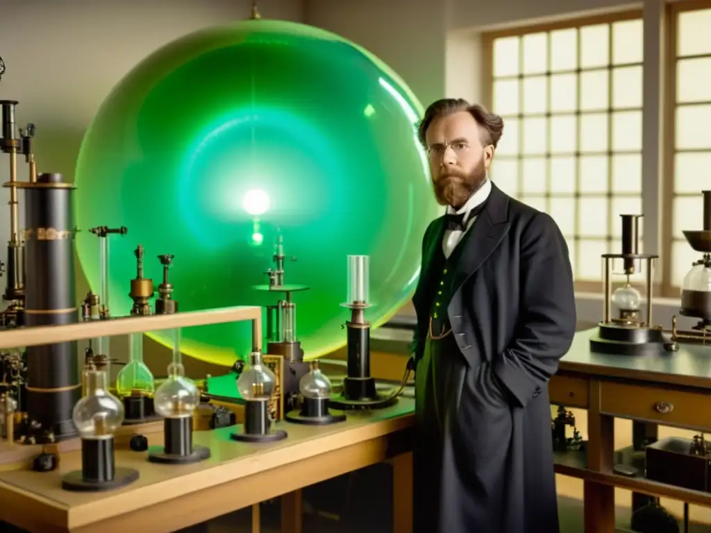 Wilhelm Röntgen liderando la Revolución en radiografía en su laboratorio, rodeado de equipo de rayos X vintage y una atmósfera pionera