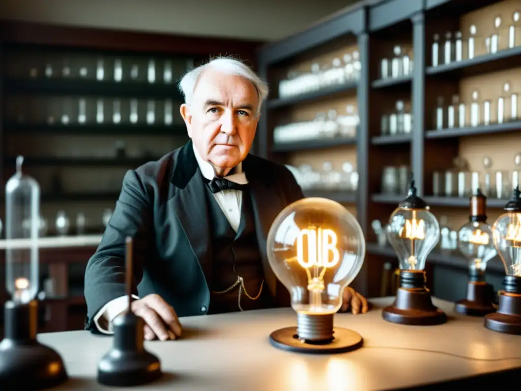 Thomas Edison en su laboratorio, rodeado de equipos eléctricos y bombillas