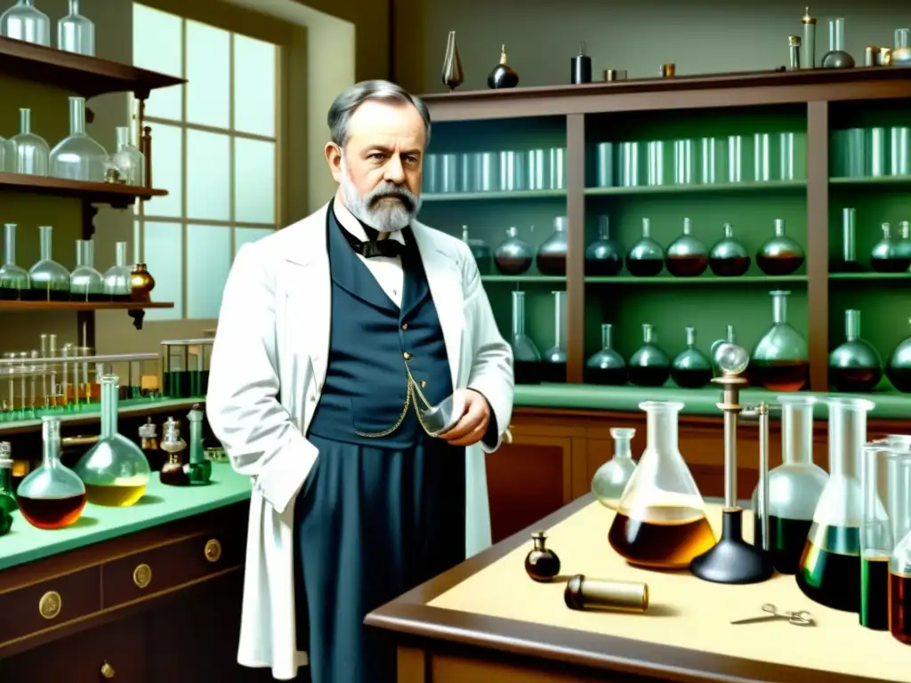 Louis Pasteur en su laboratorio, rodeado de instrumentos científicos, examinando una probeta de líquido