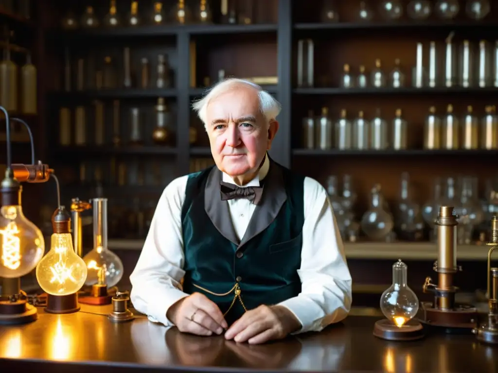 Thomas Edison en su laboratorio, rodeado de inventos, trabajando en un diseño temprano de batería