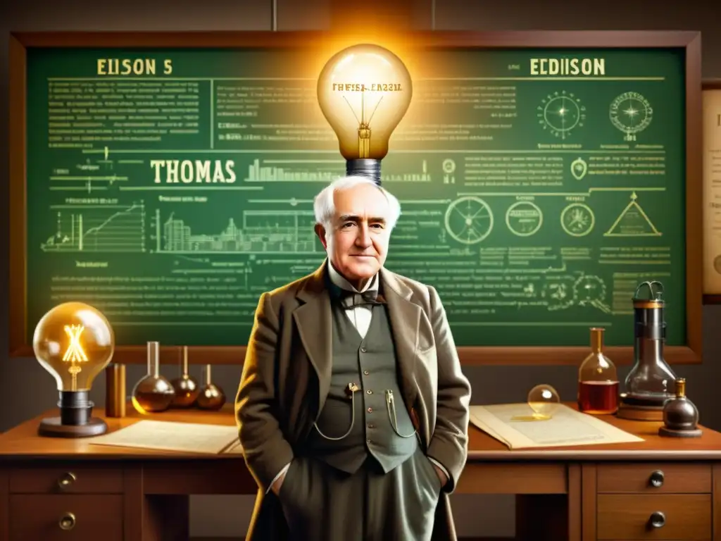 Thomas Edison en su laboratorio rodeado de inventos y documentos de patentes, sosteniendo una bombilla