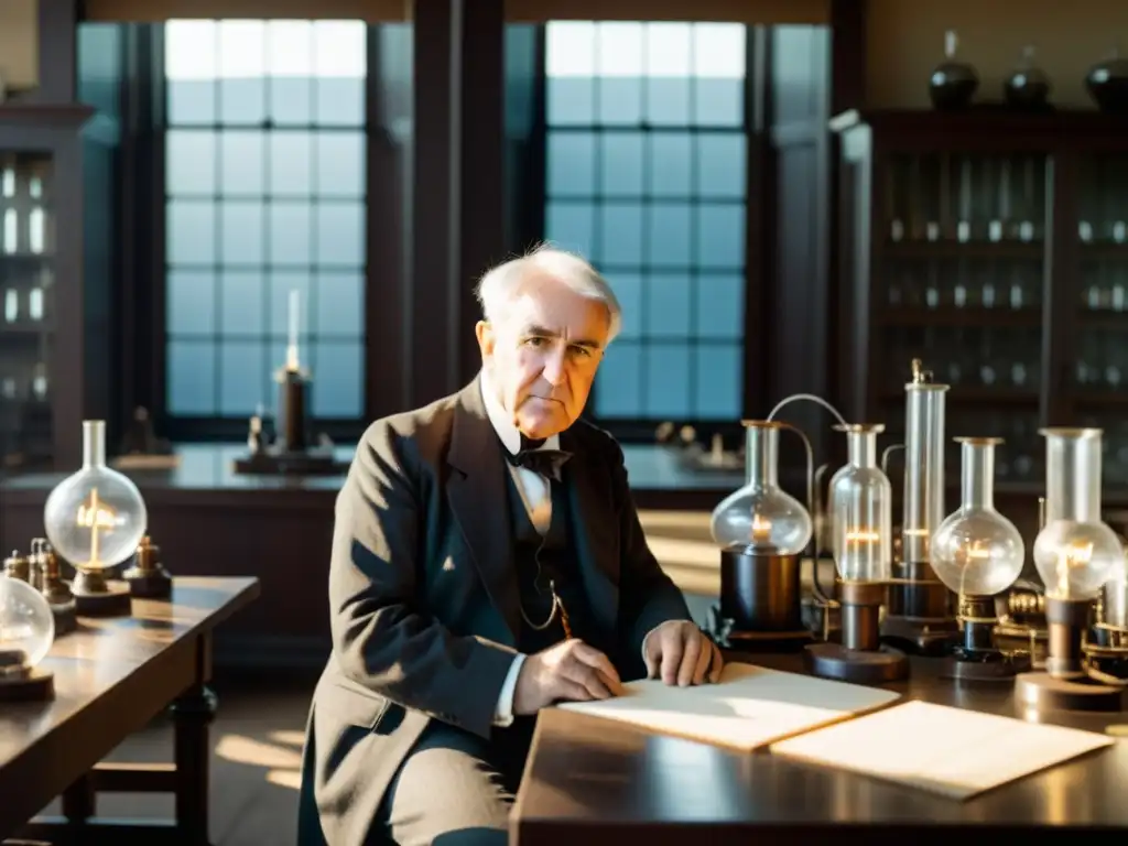 Thomas Edison en su laboratorio rodeado de prototipos de baterías y equipo eléctrico