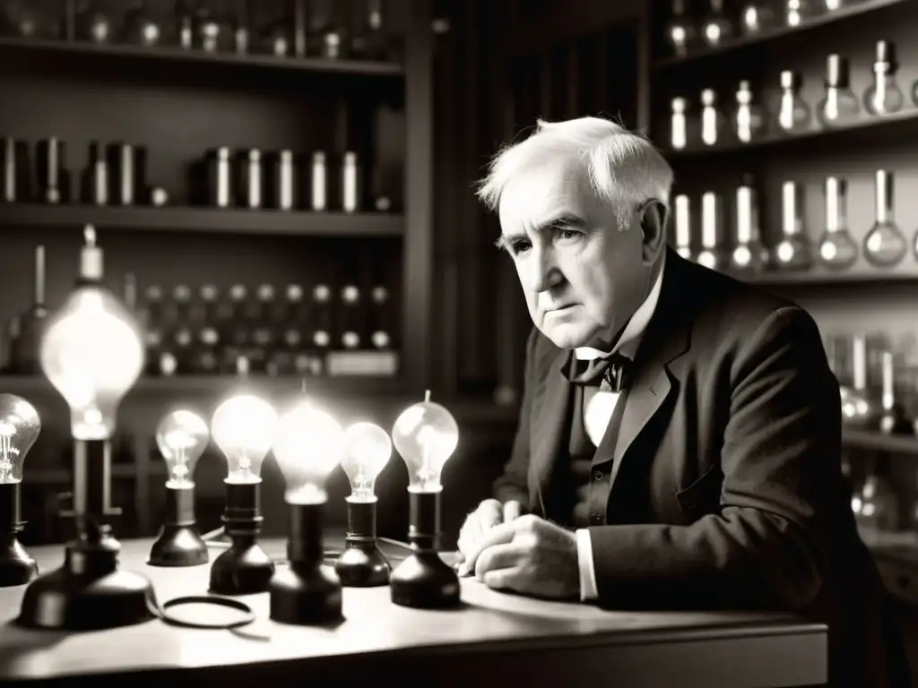 Thomas Edison en su laboratorio, rodeado de prototipos de bombillas eléctricas