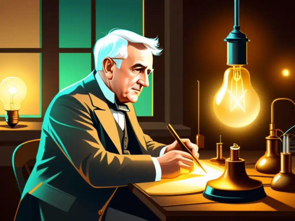 Thomas Edison, en un laboratorio vintage, inventando la bombilla eléctrica rodeado de equipo experimental y el cálido brillo de las primeras bombillas incandescentes