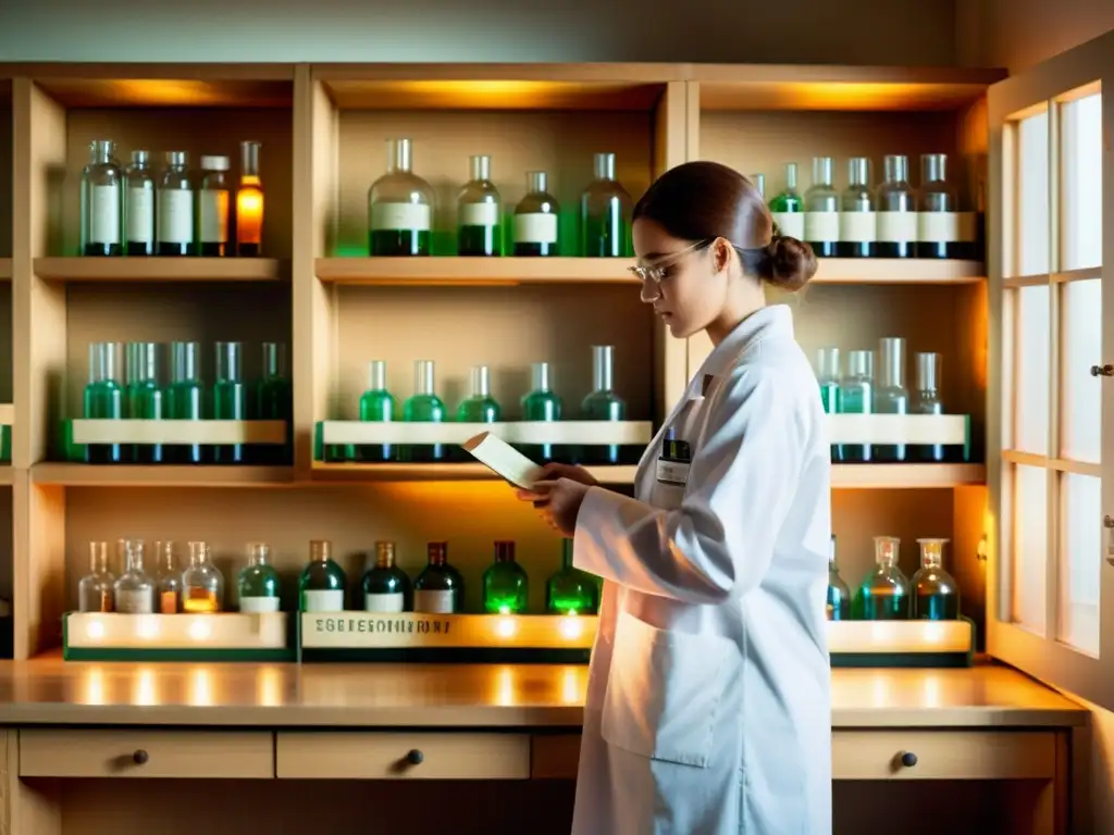 Un laboratorio vintage con científico estudiando terapia génica futuro medicina entre frascos y equipo científico, iluminado por cálida luz