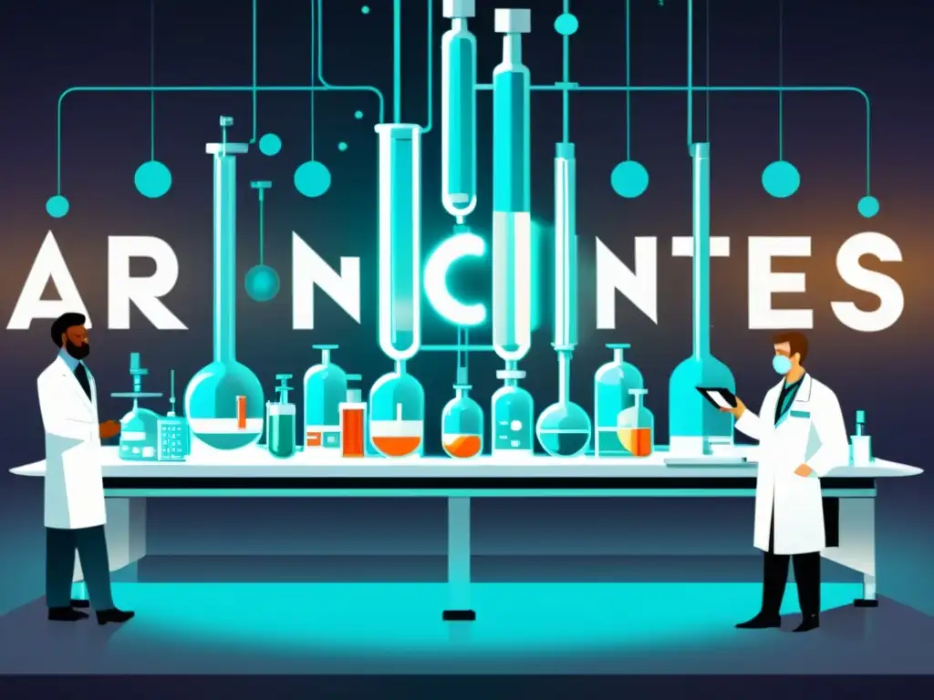 Un laboratorio vintage con científicos en batas blancas discutiendo sobre vacunas ARNm y tradicionales, rodeados de datos flotantes