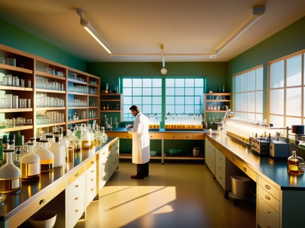 Experimentos científicos en un laboratorio vintage En un laboratorio vintage, científicos en batas blancas realizan experimentos con equipo científico